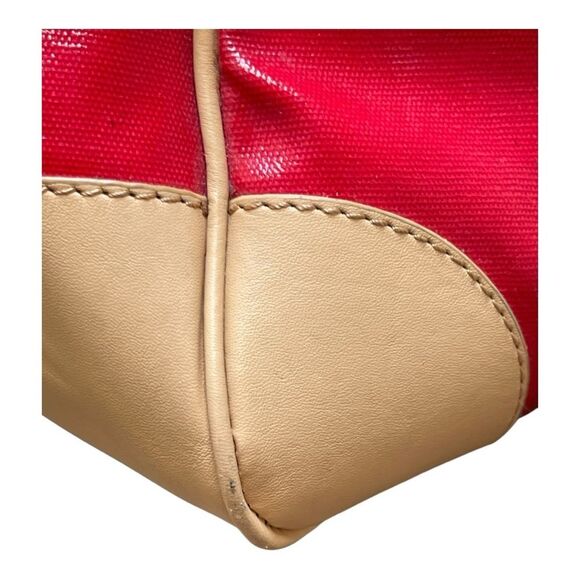 Trina Turk Red Tan Leather Canvas Tote Bag Top Preppy Casual Classic - Picture 6 of 16